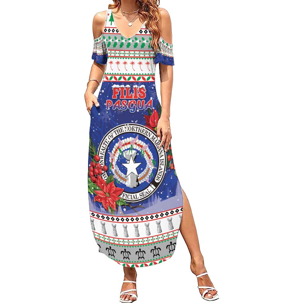 Northern Mariana Islands Christmas Summer Maxi Dress Poinsettia Filis Pasgua LT05 Women Blue - Polynesian Pride