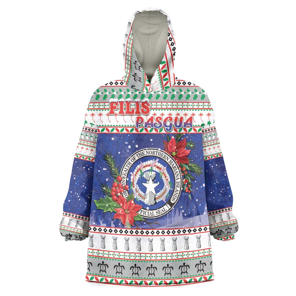 Northern Mariana Islands Christmas Wearable Blanket Hoodie Poinsettia Filis Pasgua LT05 One Size Blue - Polynesian Pride