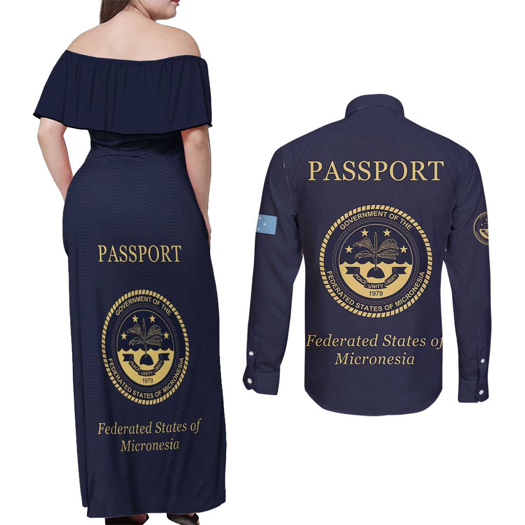 Personalised Federated States Of Micronesia Couples Matching Off Shoulder Maxi Dress and Long Sleeve Button Shirt FSM Passport - Polynesian Pride