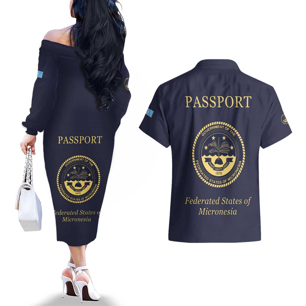Personalised Federated States Of Micronesia Couples Matching Off The Shoulder Long Sleeve Dress and Hawaiian Shirt FSM Passport - Polynesian Pride