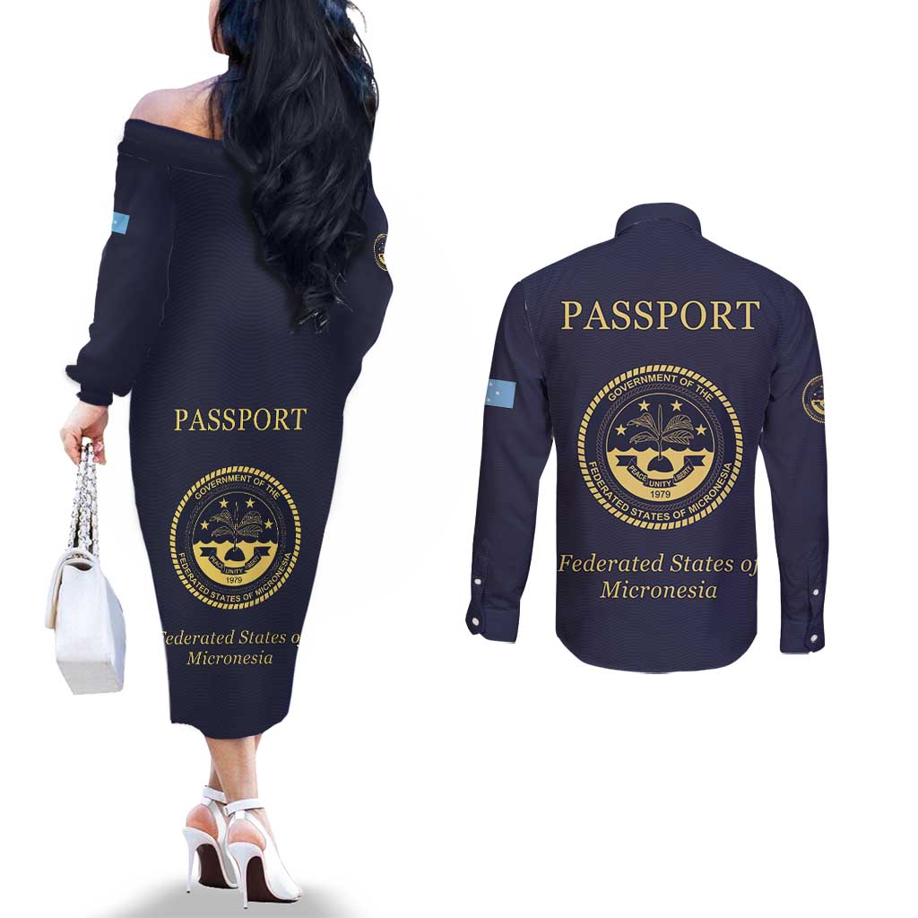 Personalised Federated States Of Micronesia Couples Matching Off The Shoulder Long Sleeve Dress and Long Sleeve Button Shirt FSM Passport - Polynesian Pride