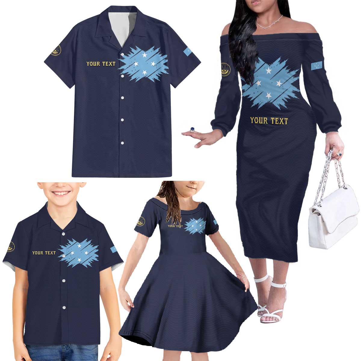 Personalised Federated States Of Micronesia Family Matching Off The Shoulder Long Sleeve Dress and Hawaiian Shirt FSM Passport - Polynesian Pride