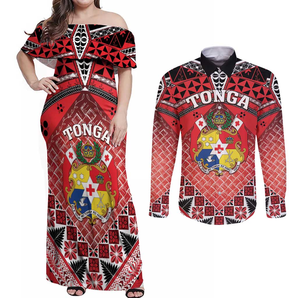 Personalised Tonga Constitution Day Couples Matching Off Shoulder Maxi Dress and Long Sleeve Button Shirt 150 Years Jubilee - Polynesian Pride