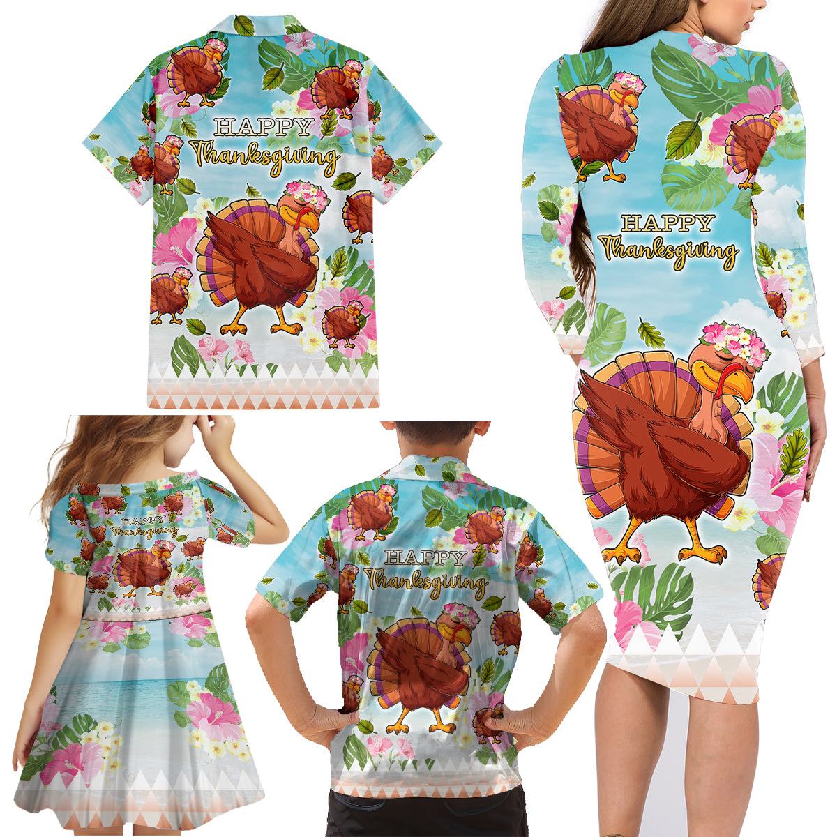 Hawaii Thanksgiving Family Matching Long Sleeve Bodycon Dress and Hawaiian Shirt Funny Turkey Dabbing Dance LT05 - Polynesian Pride