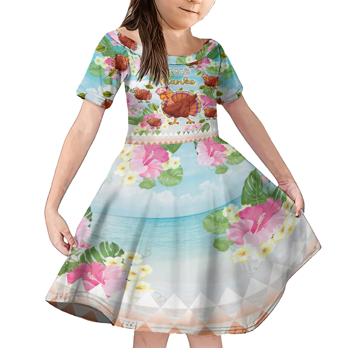 Hawaii Thanksgiving Family Matching Off Shoulder Long Sleeve Dress and Hawaiian Shirt Funny Turkey Dabbing Dance LT05 Daughter's Dress Blue - Polynesian Pride