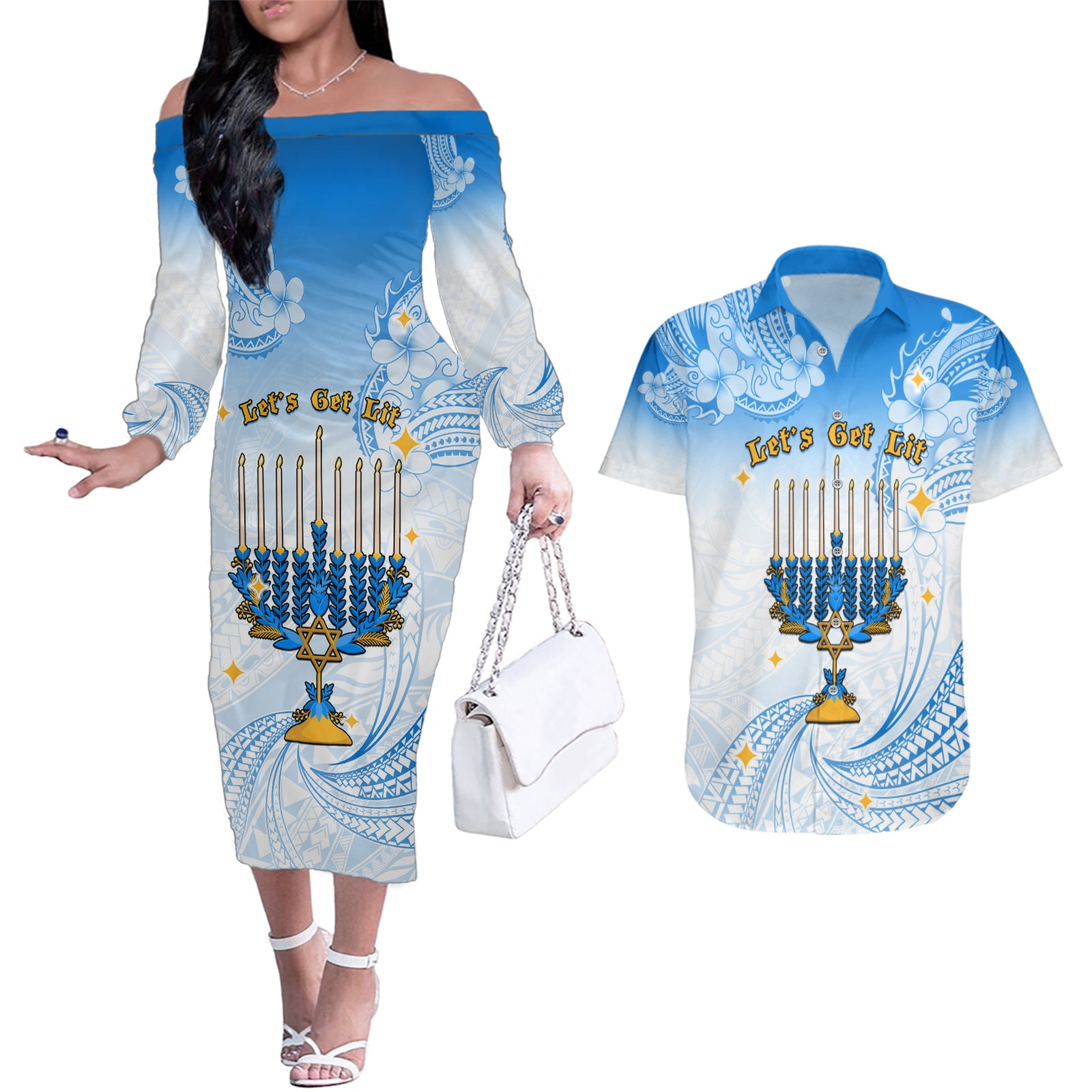 Polynesia Hanukkah Festival Couples Matching Off The Shoulder Long Sleeve Dress and Hawaiian Shirt With Menorah Polynesian Style LT05 Blue - Polynesian Pride