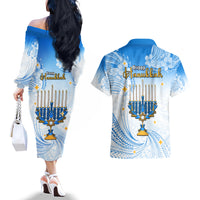 Polynesia Hanukkah Festival Couples Matching Off The Shoulder Long Sleeve Dress and Hawaiian Shirt With Menorah Polynesian Style LT05 - Polynesian Pride