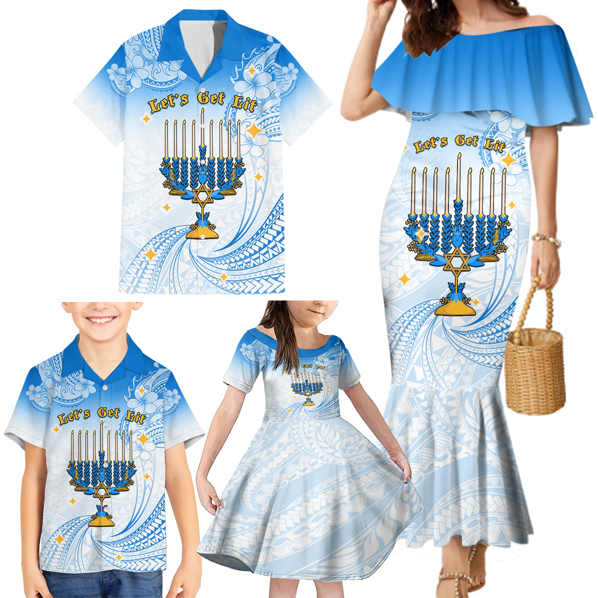 Polynesia Hanukkah Festival Family Matching Mermaid Dress and Hawaiian Shirt With Menorah Polynesian Style LT05 - Polynesian Pride