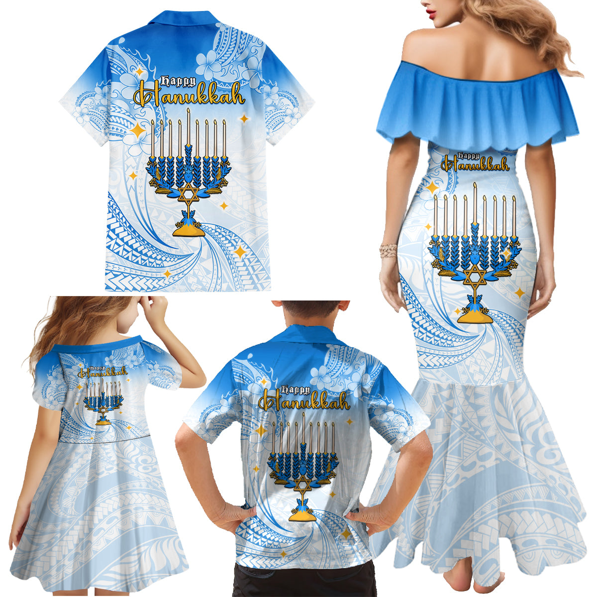 Polynesia Hanukkah Festival Family Matching Mermaid Dress and Hawaiian Shirt With Menorah Polynesian Style LT05 - Polynesian Pride