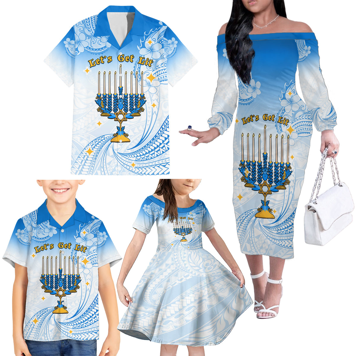 Polynesia Hanukkah Festival Family Matching Off Shoulder Long Sleeve Dress and Hawaiian Shirt With Menorah Polynesian Style LT05 - Polynesian Pride