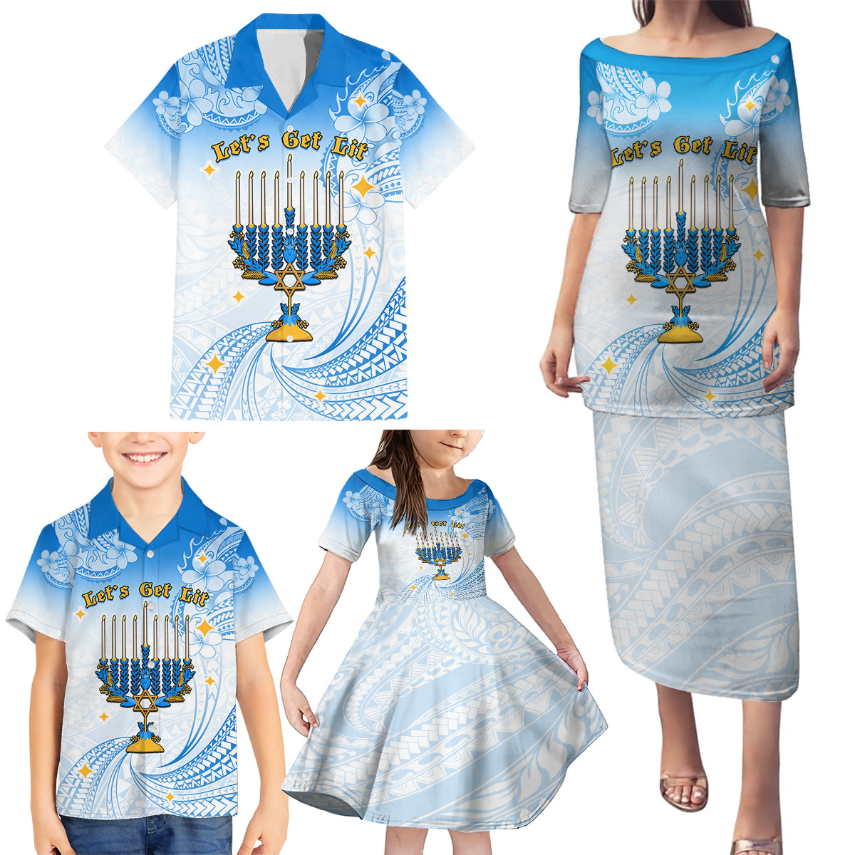Polynesia Hanukkah Festival Family Matching Puletasi Dress and Hawaiian Shirt With Menorah Polynesian Style LT05 - Polynesian Pride