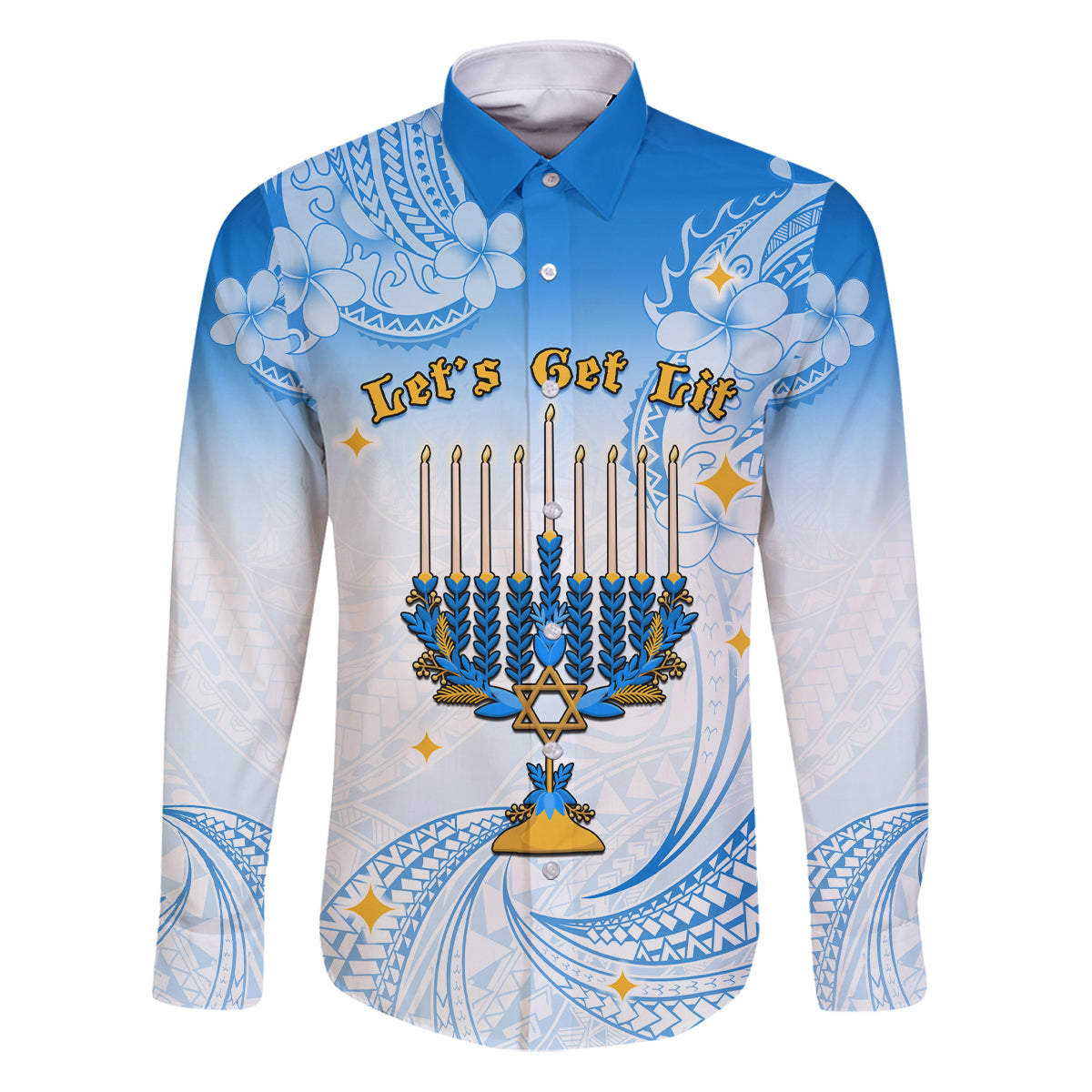 Polynesia Hanukkah Festival Family Matching Puletasi Dress and Hawaiian Shirt With Menorah Polynesian Style LT05 Dad's Shirt - Long Sleeve Blue - Polynesian Pride