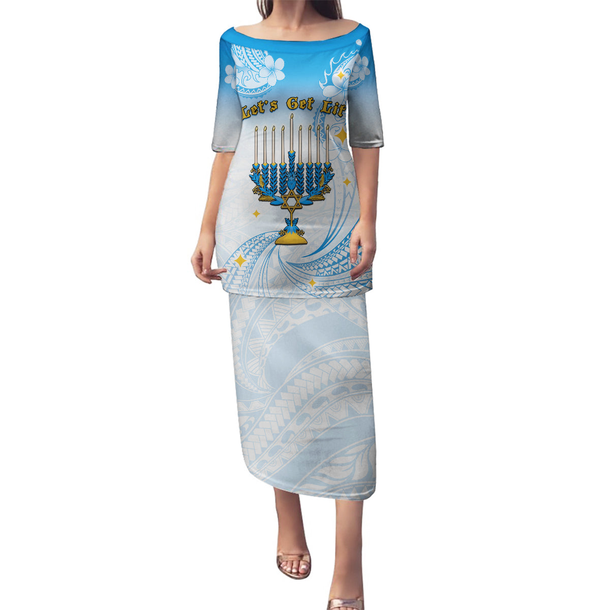 Polynesia Hanukkah Festival Family Matching Puletasi Dress and Hawaiian Shirt With Menorah Polynesian Style LT05 Mom's Dress Blue - Polynesian Pride
