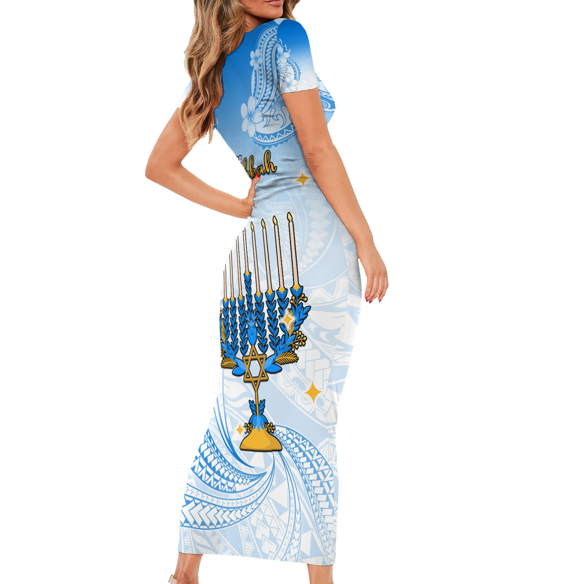 Polynesia Hanukkah Festival Short Sleeve Bodycon Dress With Menorah Po - Polynesian Pride Polynesia Hanukkah Festival Short Sleeve Bodycon Dress With Menorah Po - Polynesian Pride