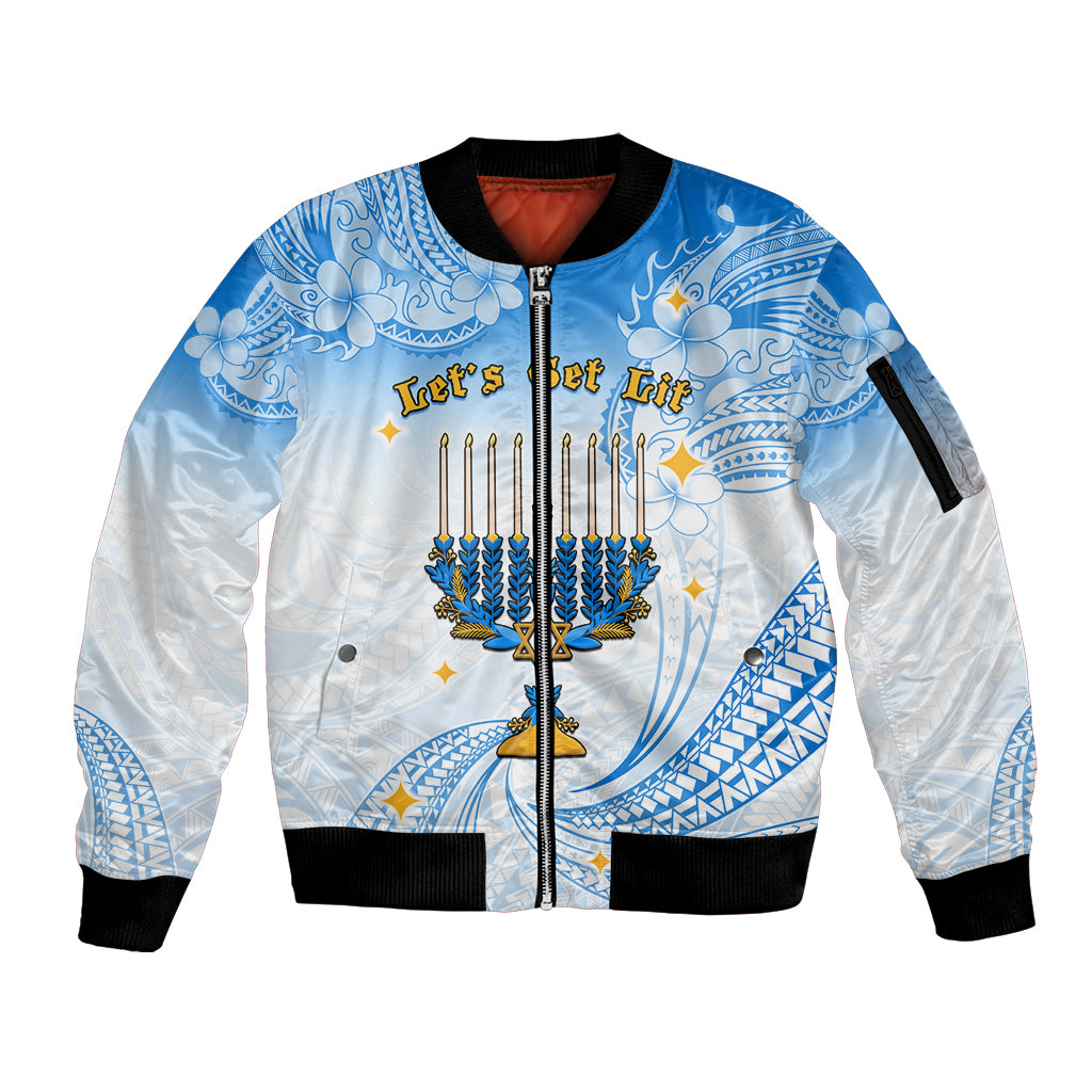Polynesia Hanukkah Festival Sleeve Zip Bomber Jacket With Menorah Polynesian Style LT05 Unisex Blue - Polynesian Pride