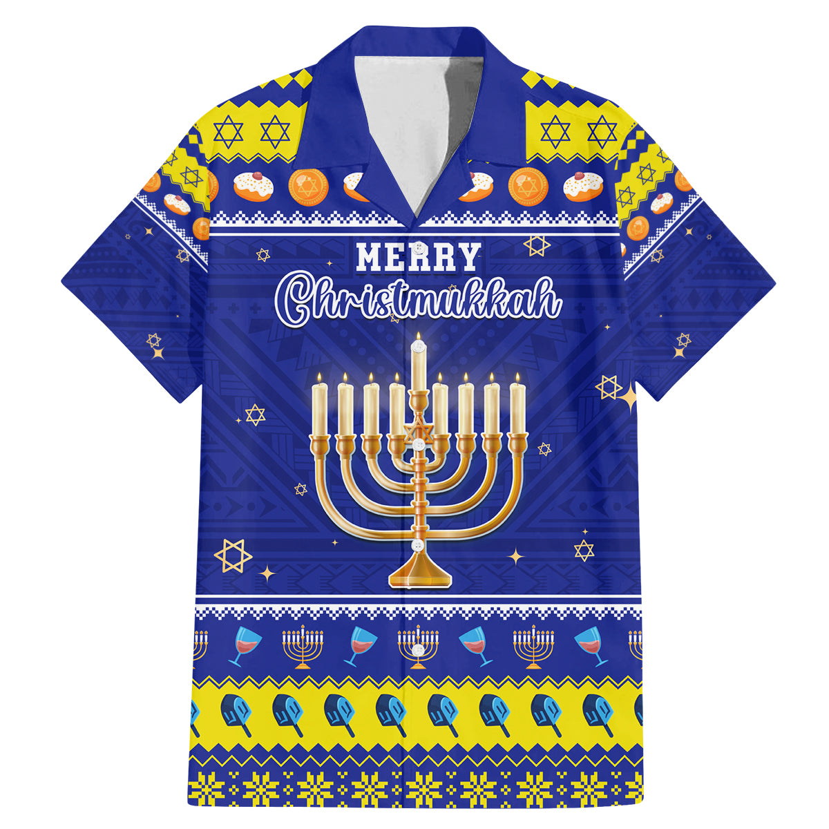 Personalised Polynesia Christmukkah Family Matching Mermaid Dress and Hawaiian Shirt Menorah With Polynesian Tribal Pattern LT05 Dad's Shirt - Short Sleeve Blue - Polynesian Pride
