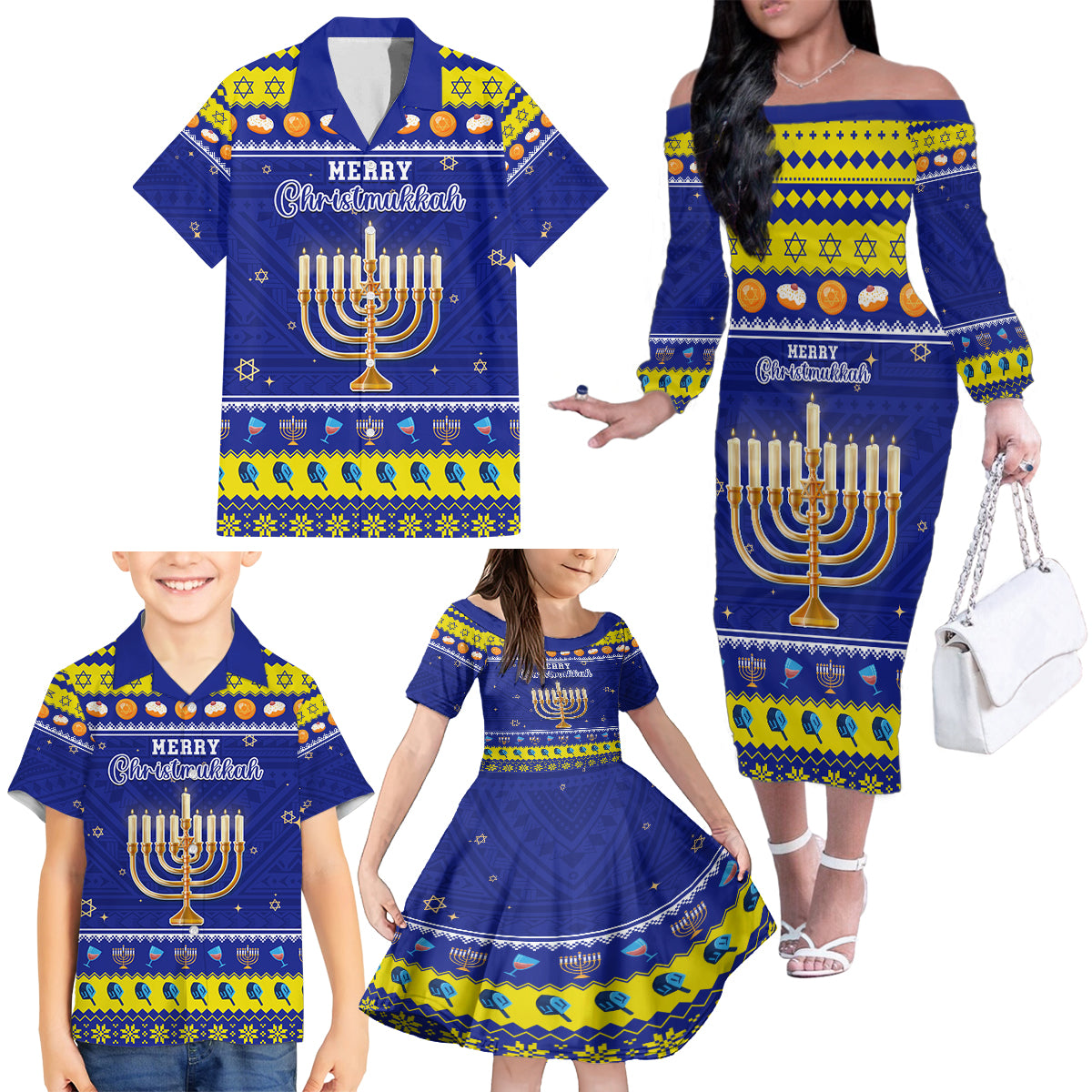 Personalised Polynesia Christmukkah Family Matching Off Shoulder Long Sleeve Dress and Hawaiian Shirt Menorah With Polynesian Tribal Pattern LT05 - Polynesian Pride