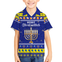 Personalised Polynesia Christmukkah Family Matching Puletasi Dress and Hawaiian Shirt Menorah With Polynesian Tribal Pattern LT05 Son's Shirt Blue - Polynesian Pride