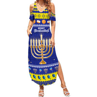 Personalised Polynesia Christmukkah Family Matching Summer Maxi Dress and Hawaiian Shirt Menorah With Polynesian Tribal Pattern LT05 Mom's Dress Blue - Polynesian Pride