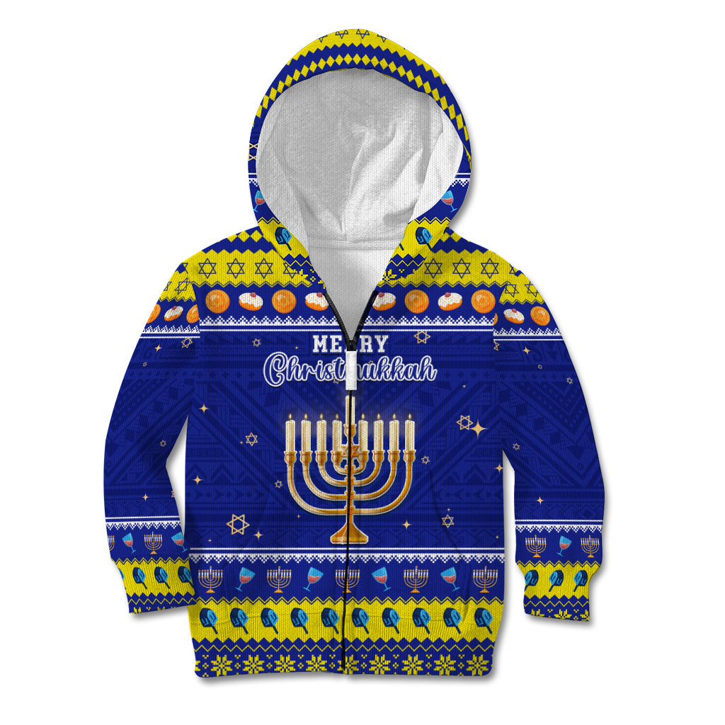 Personalised Polynesia Christmukkah Kid Hoodie Menorah With Polynesian Tribal Pattern LT05 Zip Hoodie Blue - Polynesian Pride