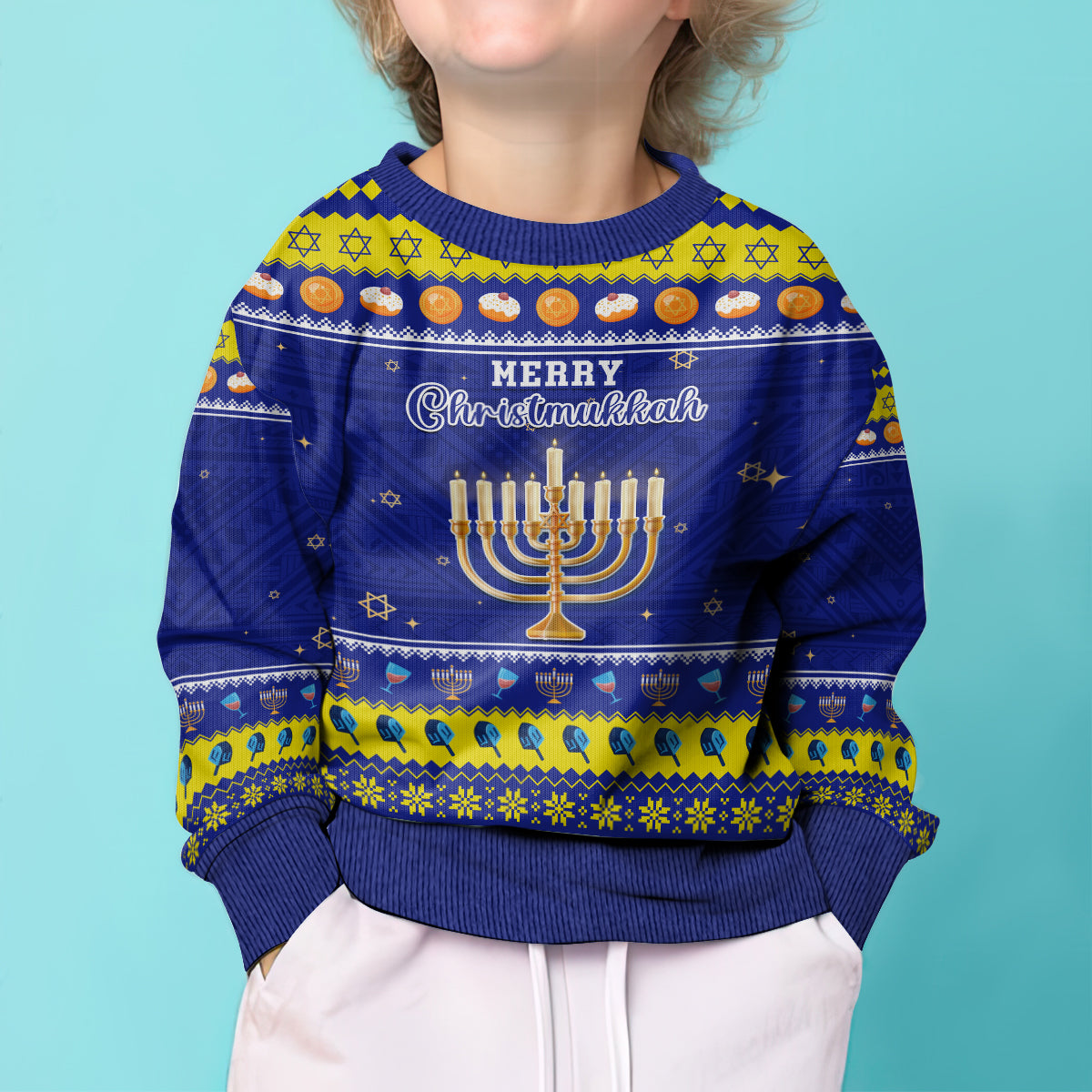Personalised Polynesia Christmukkah Kid Ugly Christmas Sweater Menorah With Polynesian Tribal Pattern LT05 - Polynesian Pride