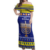Personalised Polynesia Christmukkah Off Shoulder Maxi Dress Menorah With Polynesian Tribal Pattern LT05 Women Blue - Polynesian Pride
