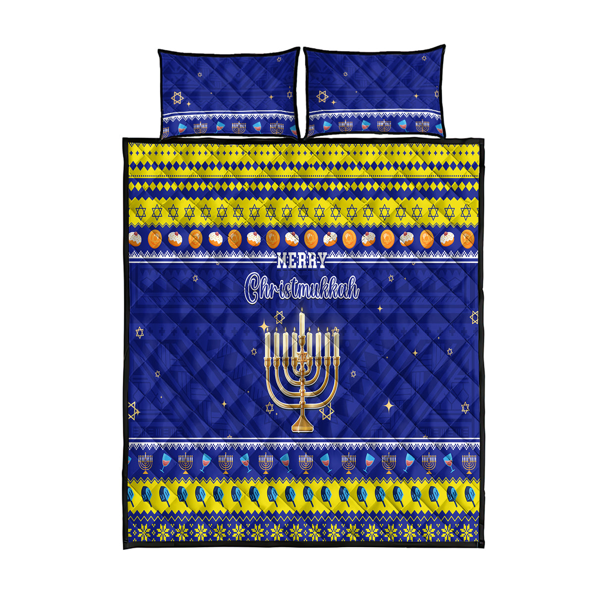 Polynesia Christmukkah Quilt Bed Set Menorah With Polynesian Tribal Pattern LT05 Blue - Polynesian Pride