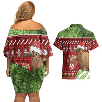 New Zealand Kiwi Christmas Couples Matching Off Shoulder Short Dress and Hawaiian Shirt Paua Shell Glitter Green