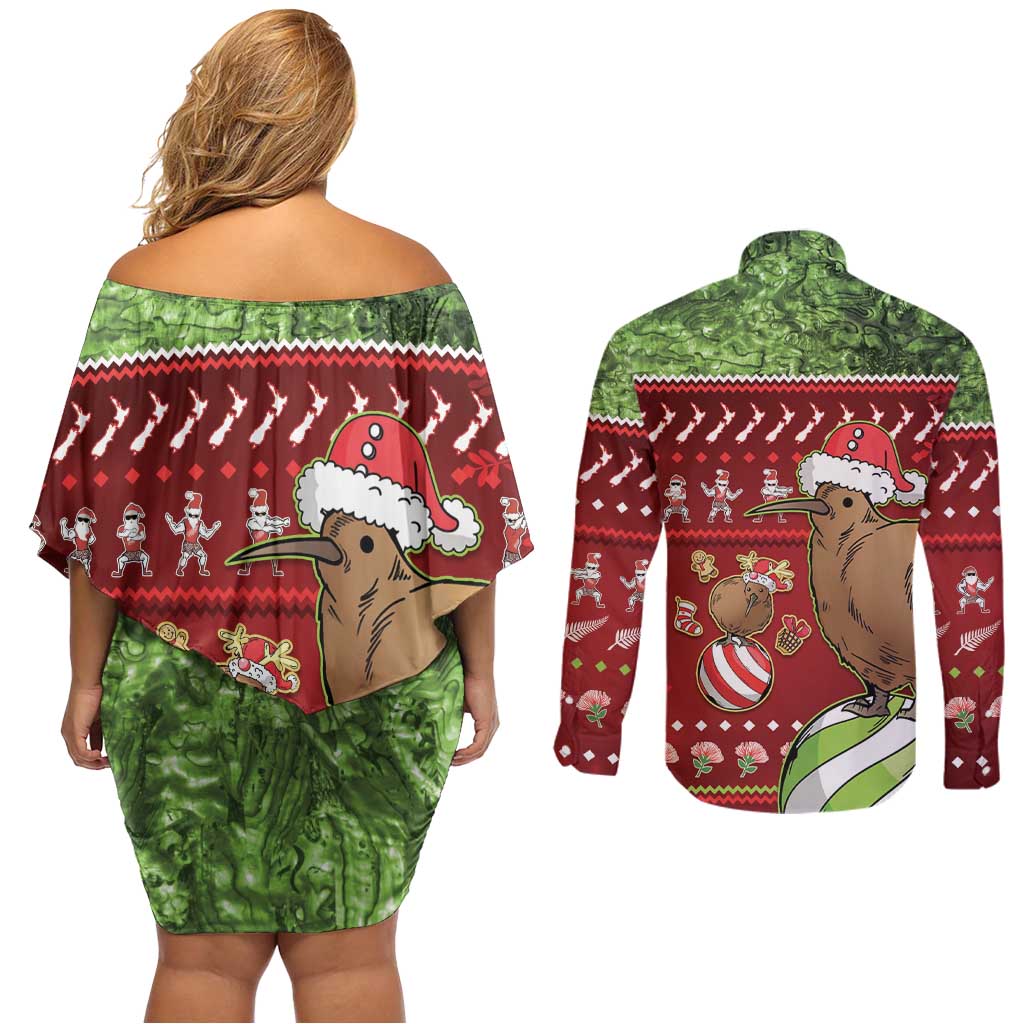 New Zealand Kiwi Christmas Couples Matching Off Shoulder Short Dress and Long Sleeve Button Shirt Paua Shell Glitter Green