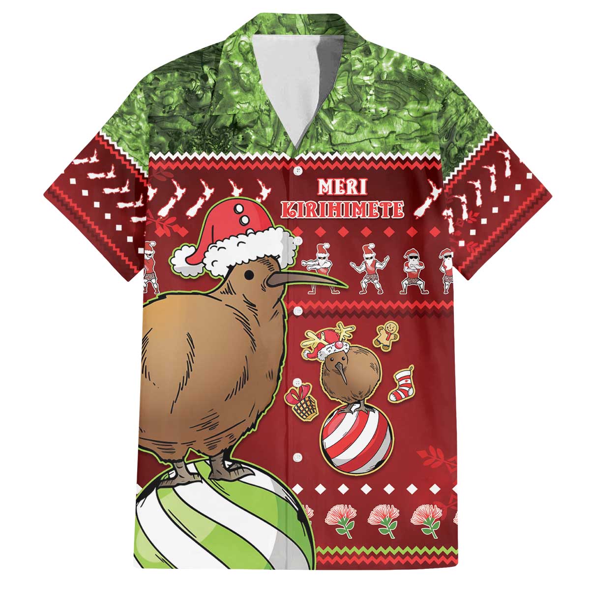 New Zealand Kiwi Christmas Family Matching Off The Shoulder Long Sleeve Dress and Hawaiian Shirt Paua Shell Glitter Green LT05 Dad's Shirt - Short Sleeve Red - Polynesian Pride