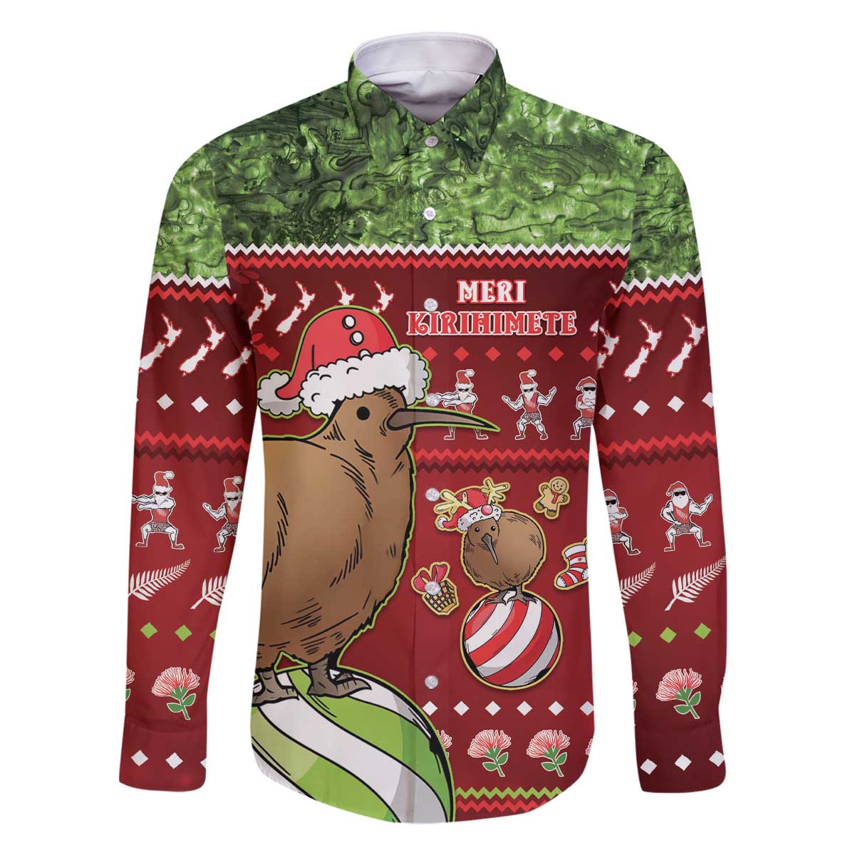 New Zealand Kiwi Christmas Family Matching Off The Shoulder Long Sleeve Dress and Hawaiian Shirt Paua Shell Glitter Green LT05 Dad's Shirt - Long Sleeve Red - Polynesian Pride