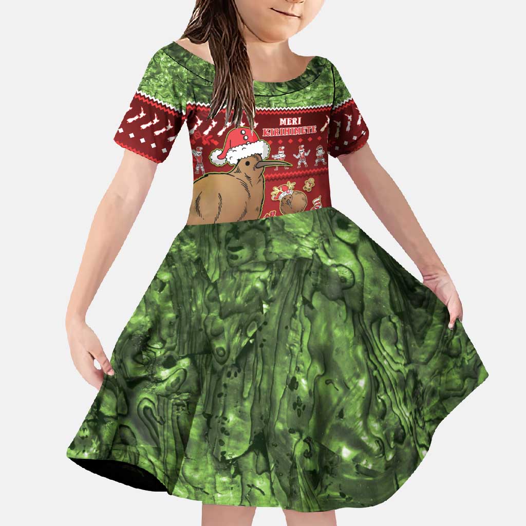 New Zealand Kiwi Christmas Family Matching Tank Maxi Dress and Hawaiian Shirt Paua Shell Glitter Green LT05 Daughter's Dress Red - Polynesian Pride
