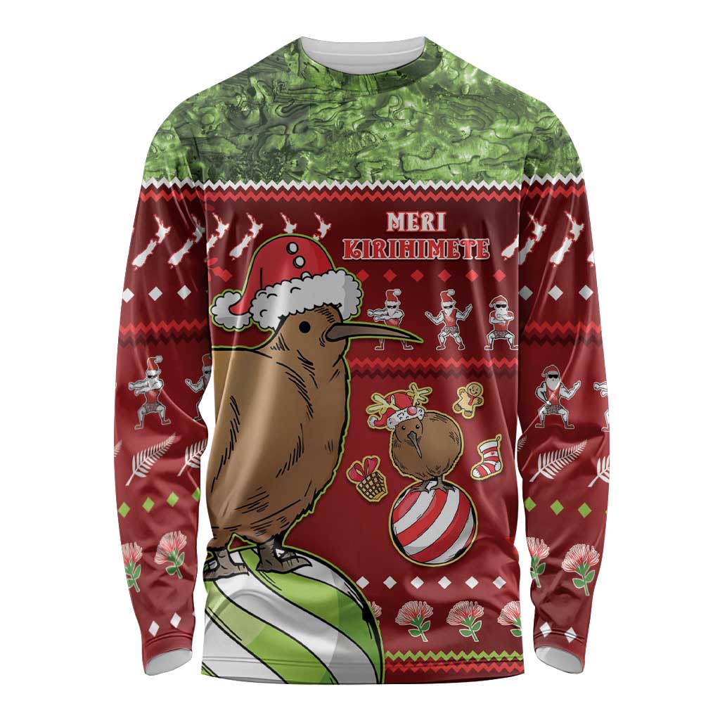 New Zealand Kiwi Christmas Long Sleeve Shirt Paua Shell Glitter Green LT05 Unisex Red - Polynesian Pride