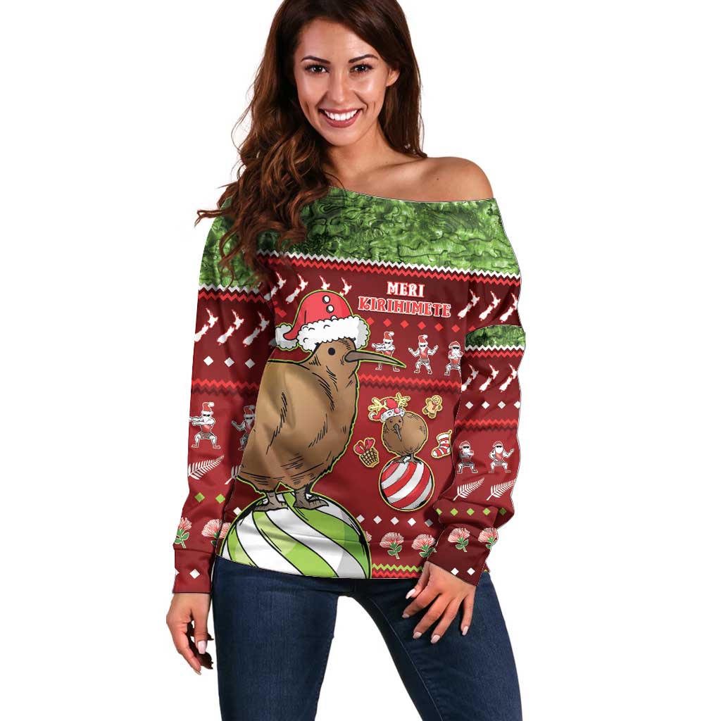 New Zealand Kiwi Christmas Off Shoulder Sweater Paua Shell Glitter Green LT05 Women Red - Polynesian Pride