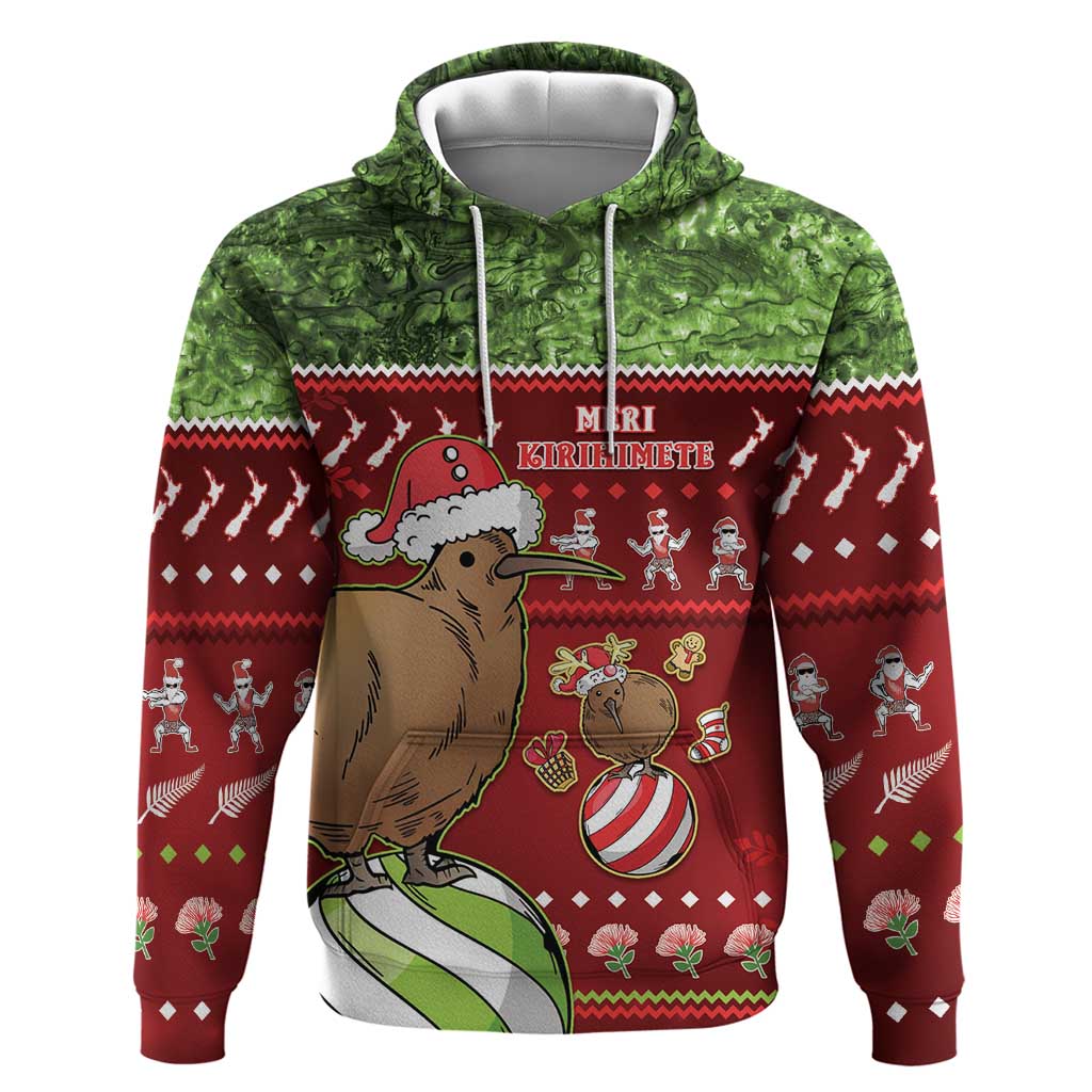 New Zealand Kiwi Christmas Zip Hoodie Paua Shell Glitter Green LT05 Pullover Hoodie Red - Polynesian Pride