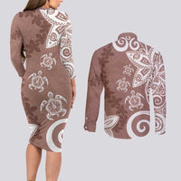 Polynesia Couples Matching Long Sleeve Bodycon Dress and Long Sleeve Button Shirt Brown Tribal Turtle Floral Pattern