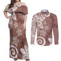 Polynesia Couples Matching Off Shoulder Maxi Dress and Long Sleeve Button Shirt Brown Tribal Turtle Floral Pattern