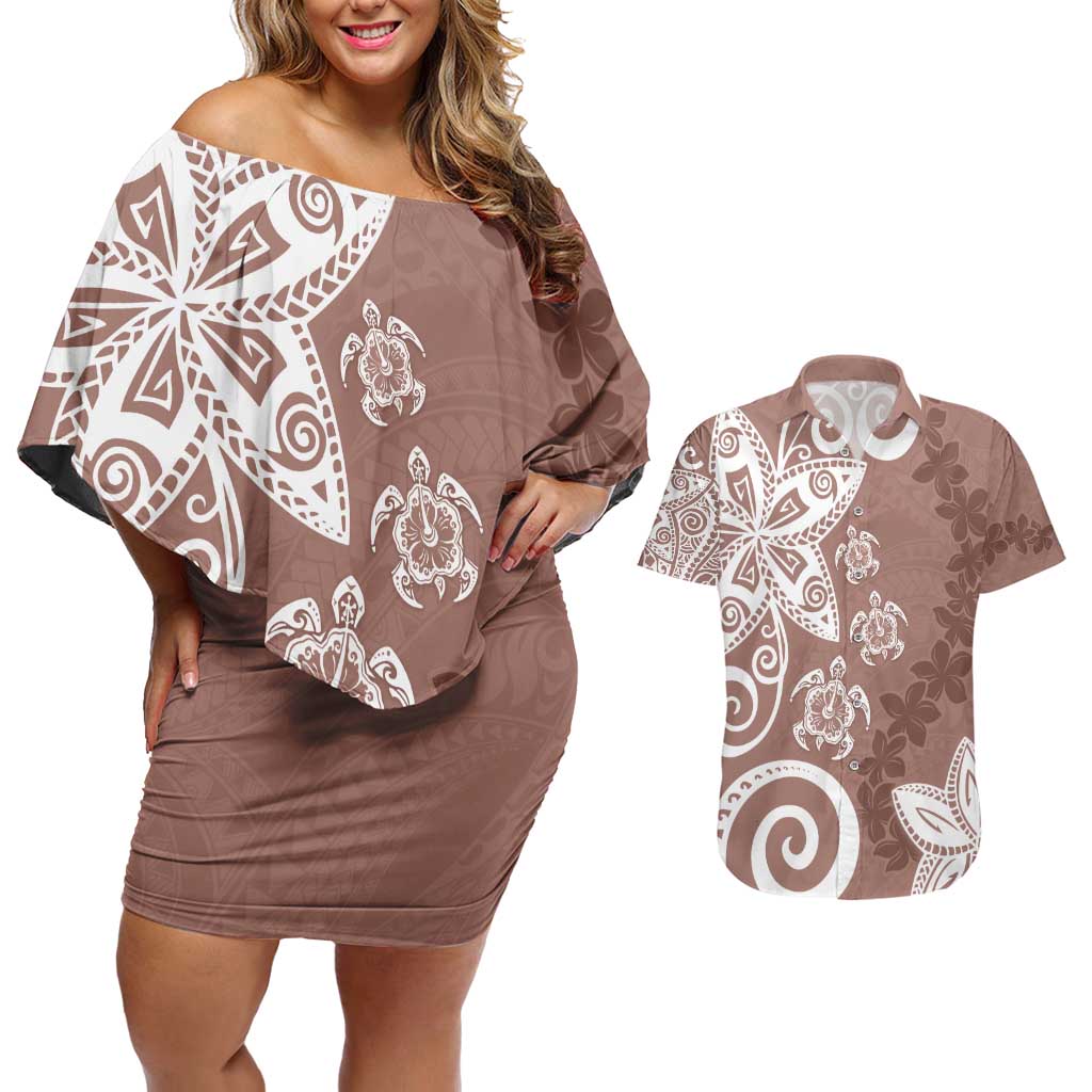 Polynesia Couples Matching Off Shoulder Short Dress and Hawaiian Shirt Brown Tribal Turtle Floral Pattern LT05 Brown - Polynesian Pride