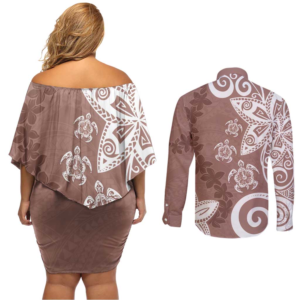 Polynesia Couples Matching Off Shoulder Short Dress and Long Sleeve Button Shirt Brown Tribal Turtle Floral Pattern
