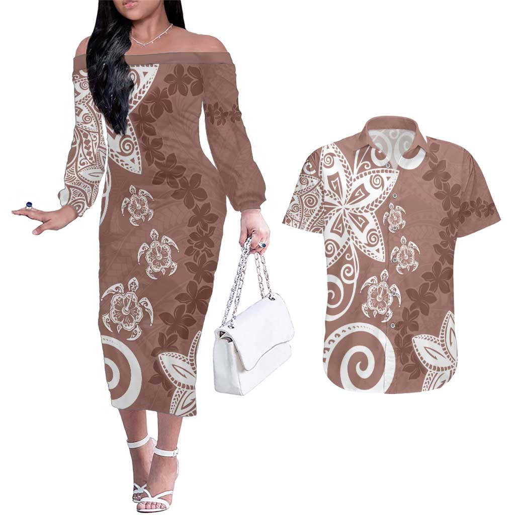 Polynesia Couples Matching Off The Shoulder Long Sleeve Dress and Hawaiian Shirt Brown Tribal Turtle Floral Pattern LT05 Brown - Polynesian Pride