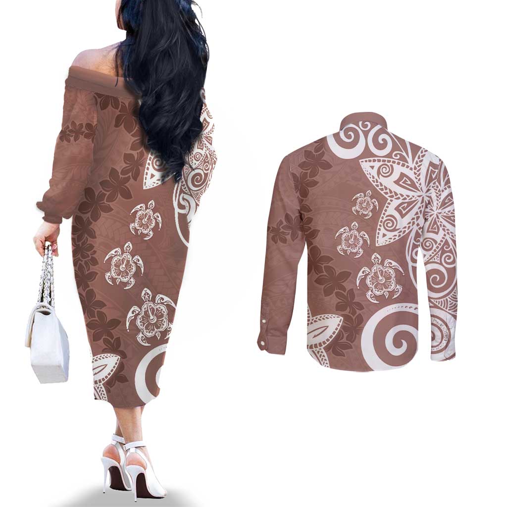 Polynesia Couples Matching Off The Shoulder Long Sleeve Dress and Long Sleeve Button Shirt Brown Tribal Turtle Floral Pattern