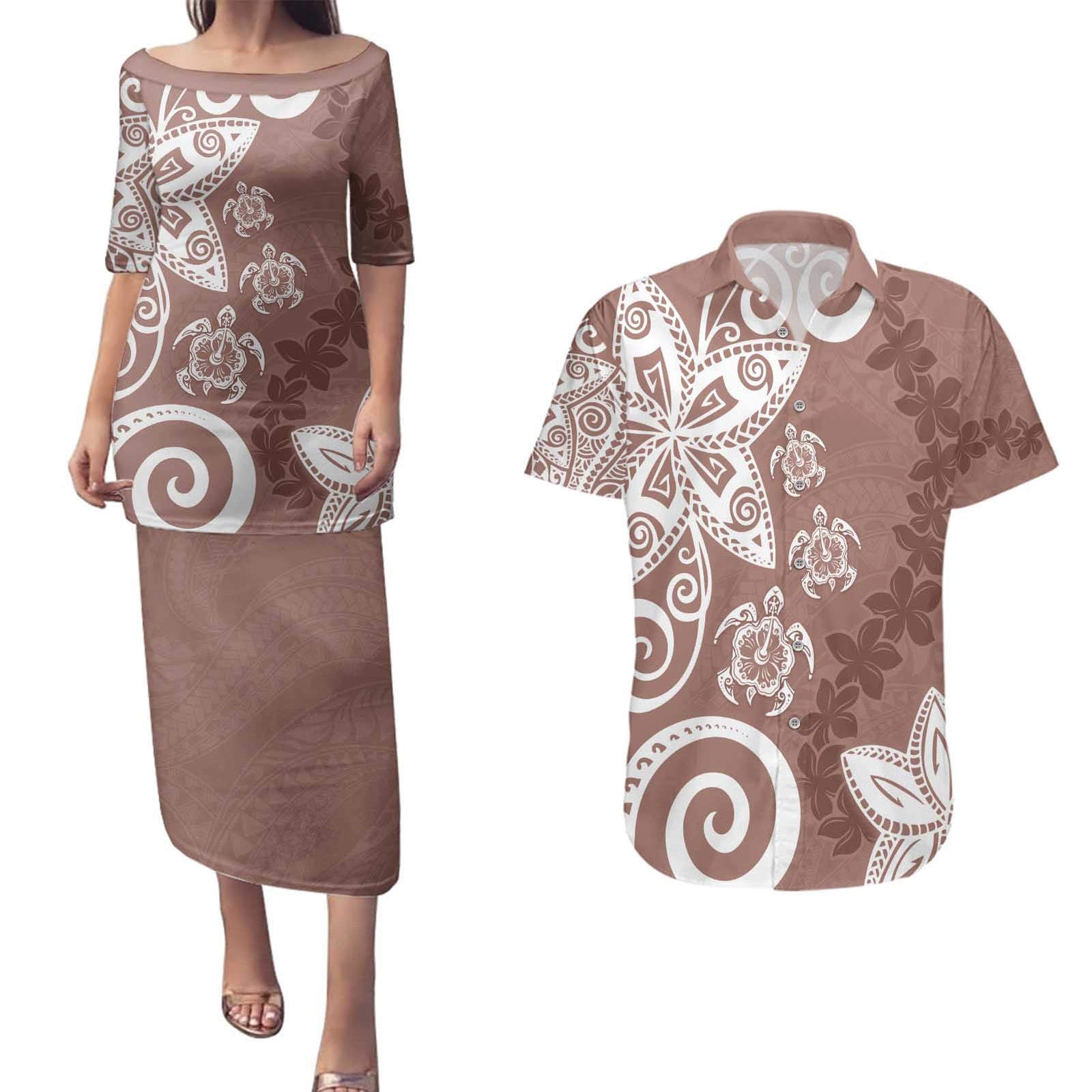 Polynesia Couples Matching Puletasi and Hawaiian Shirt Brown Tribal Turtle Floral Pattern LT05 Brown - Polynesian Pride