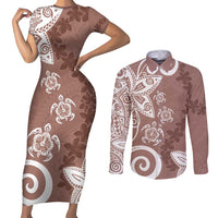 Polynesia Couples Matching Short Sleeve Bodycon Dress and Long Sleeve Button Shirt Brown Tribal Turtle Floral Pattern