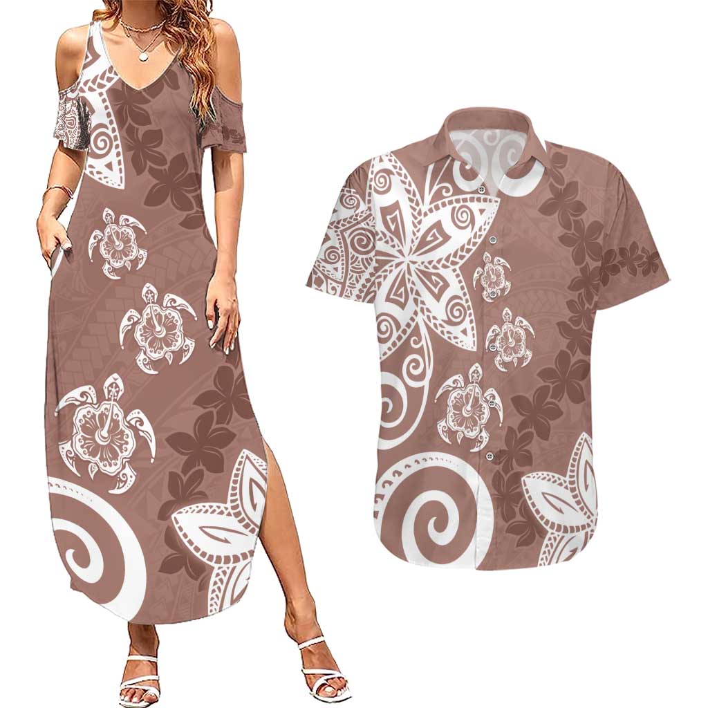 Polynesia Couples Matching Summer Maxi Dress and Hawaiian Shirt Brown Tribal Turtle Floral Pattern LT05 Brown - Polynesian Pride