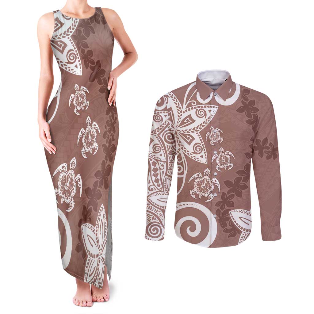 Polynesia Couples Matching Tank Maxi Dress and Long Sleeve Button Shirt Brown Tribal Turtle Floral Pattern
