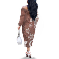 Polynesia Family Matching Off The Shoulder Long Sleeve Dress and Hawaiian Shirt Brown Tribal Turtle Floral Pattern
