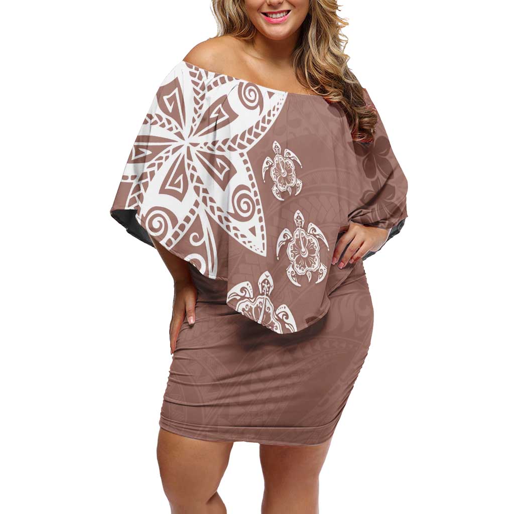 Polynesia Family Matching Off Shoulder Short Dress and Hawaiian Shirt Brown Tribal Turtle Floral Pattern