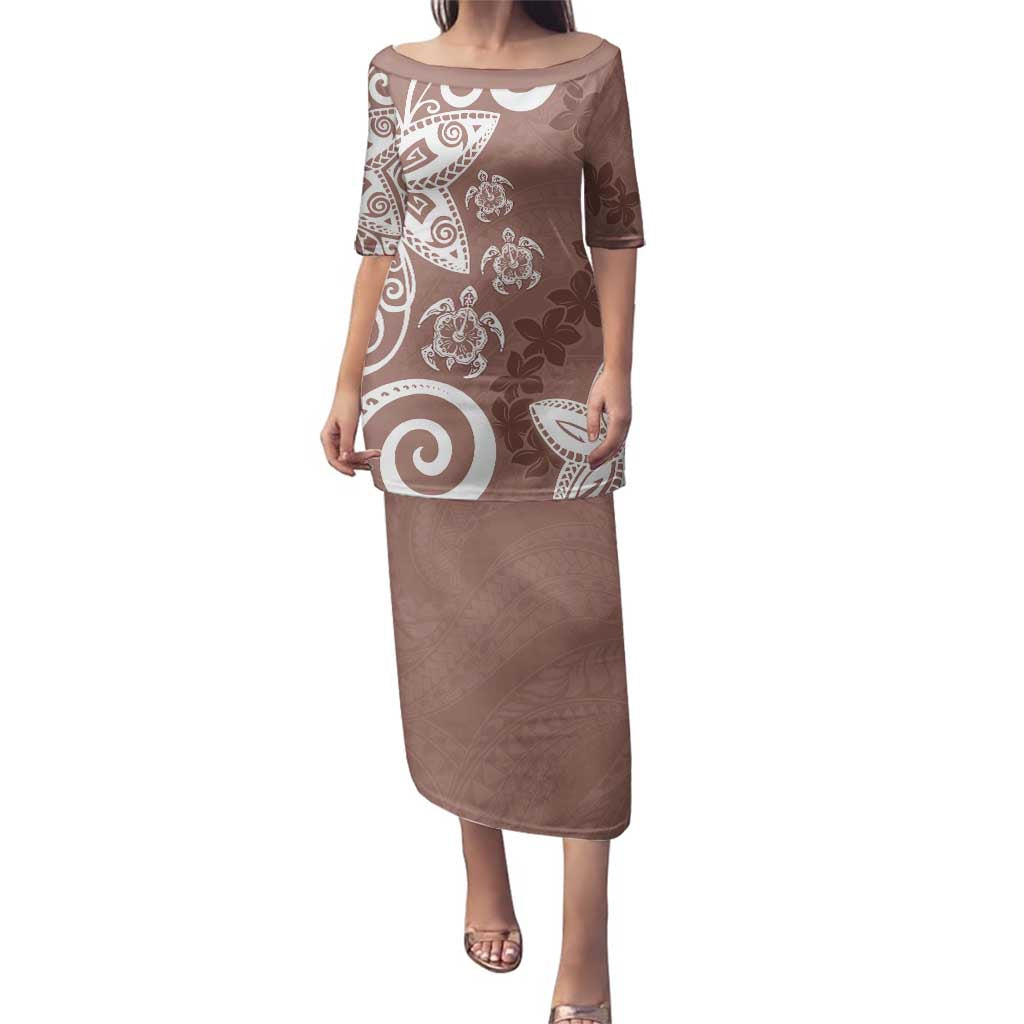 Polynesia Family Matching Puletasi and Hawaiian Shirt Brown Tribal Turtle Floral Pattern