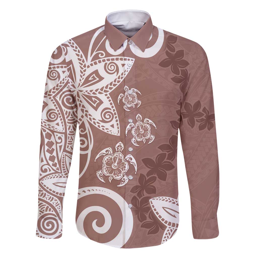 Polynesia Family Matching Tank Maxi Dress and Hawaiian Shirt Brown Tribal Turtle Floral Pattern LT05 Dad's Shirt - Long Sleeve Brown - Polynesian Pride