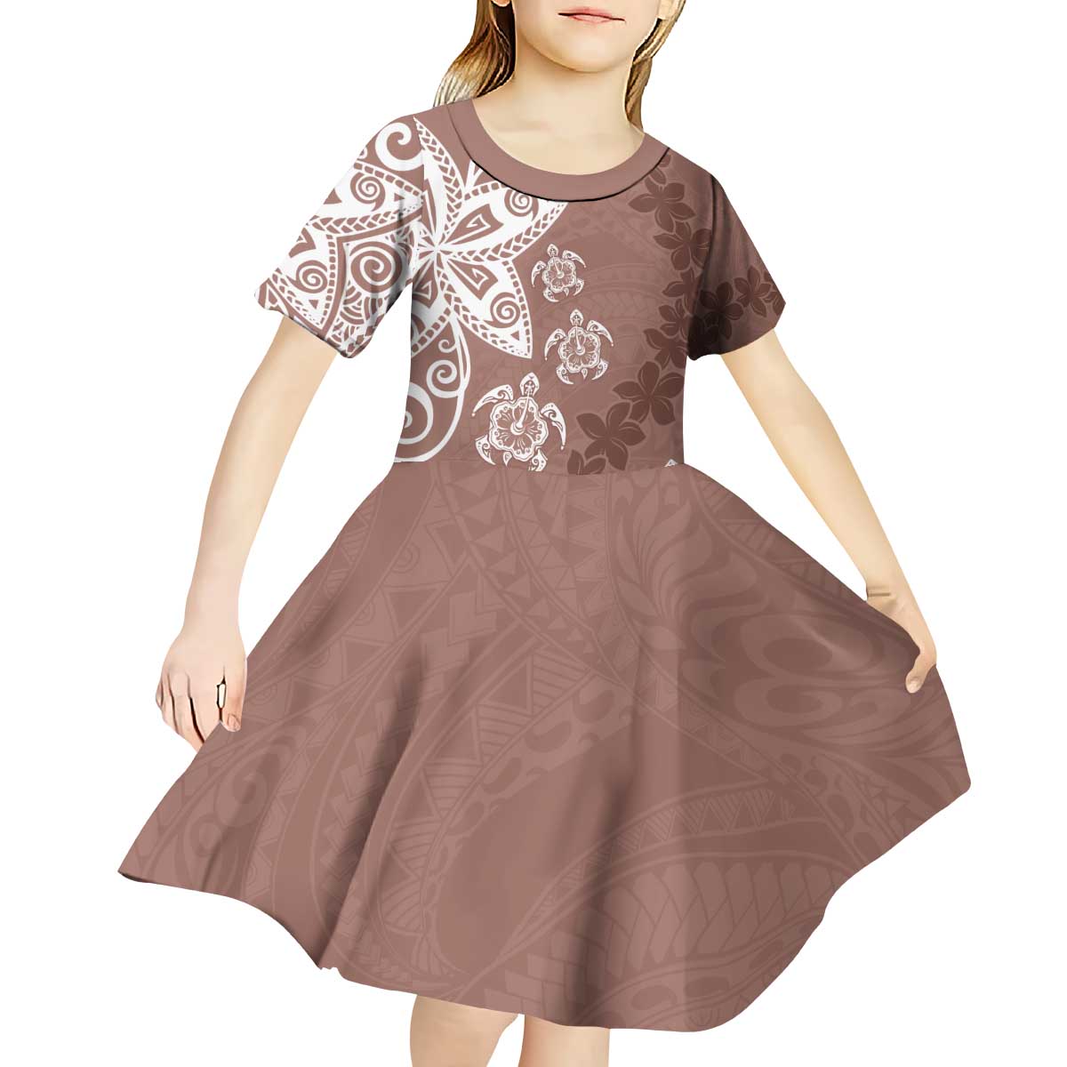 Polynesia Kid Short Sleeve Dress Brown Tribal Turtle Floral Pattern LT05 - Polynesian Pride